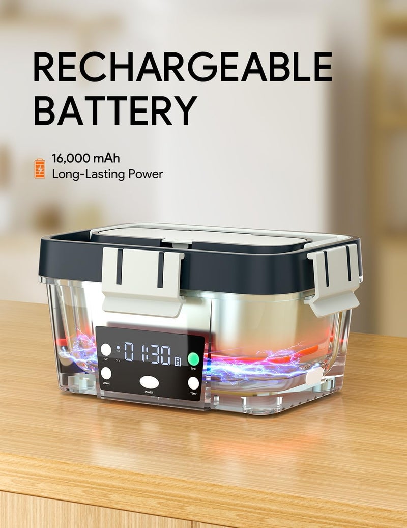 FVW Heated Lunch Box Battery Powered with Automatic Heating, 16,000mAh Cordless Heatable Lunchbox for Adults, 1.6L Portable Food Warmer with Insulated Carry Bag Green - Image 2